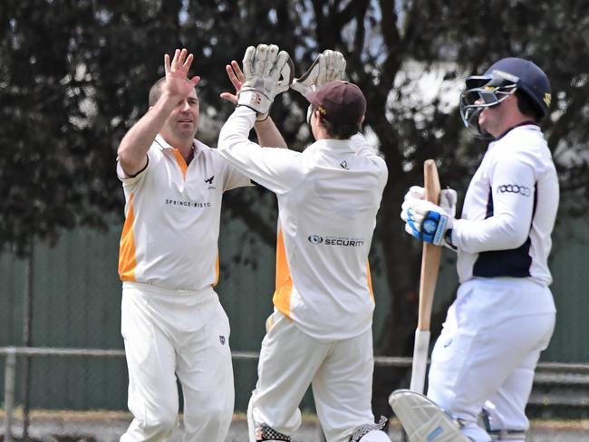 Jason Mallett for Drysdale claims the wicket of Portarlington's Andrew Wedge during the BCPA A1 match between Portarlington and Drysdale. Picture: Stephen Harman