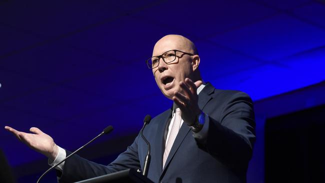 Federal Opposition Leader Peter Dutton addresses the Liberal Party State Council at Moonee Valley Racecourse. Picture: Andrew Henshaw.