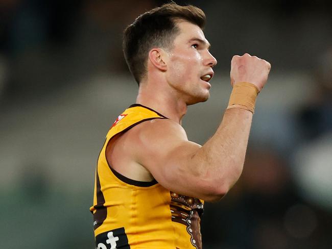 MELBOURNE, AUSTRALIA - JULY 10: Jaeger O'Meara of the Hawks celebrates a goal during the 2022 AFL Round 17 match between the Hawthorn Hawks and the Adelaide Crows at Marvel Stadium on July 10, 2022 in Melbourne, Australia. (Photo by Michael Willson/AFL Photos via Getty Images)