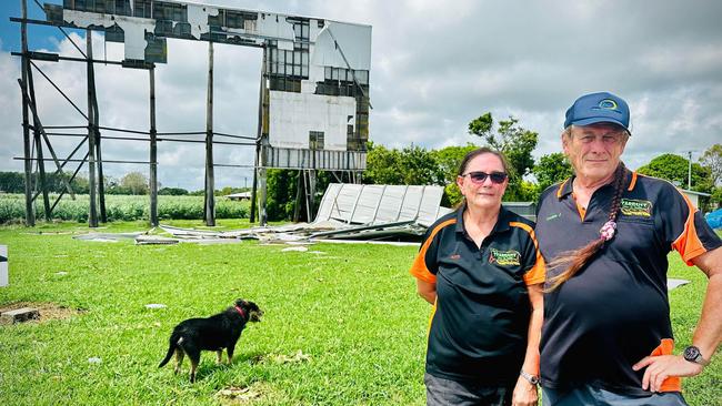 Frank and Suzzi Jerkic survey the Damage left behind by Cyclone Kirrily at the Stardust Drive-In. Picture: Cas Garvey