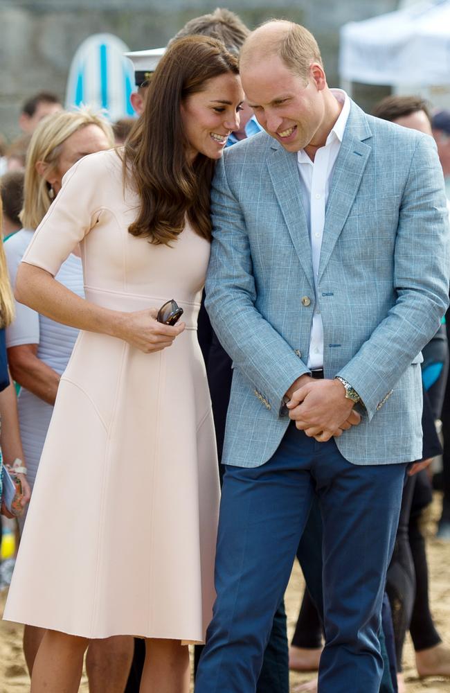 Catherine Duchess of Cambridge and Prince William, Duke of Cambridge watches a demonstration by a surf lifesaving club on Towan Beach during a royal visit to Cornwall on September 1, 2016 in Newquay, United Kingdom. Picture: Getty