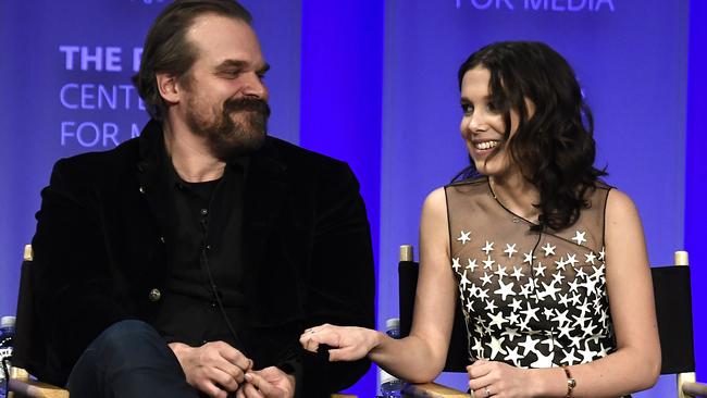 David Harbour and Millie Bobby Brown speak about the Stranger Things series in Los Angeles last year. Picture: Frazer Harrison/Getty Images.