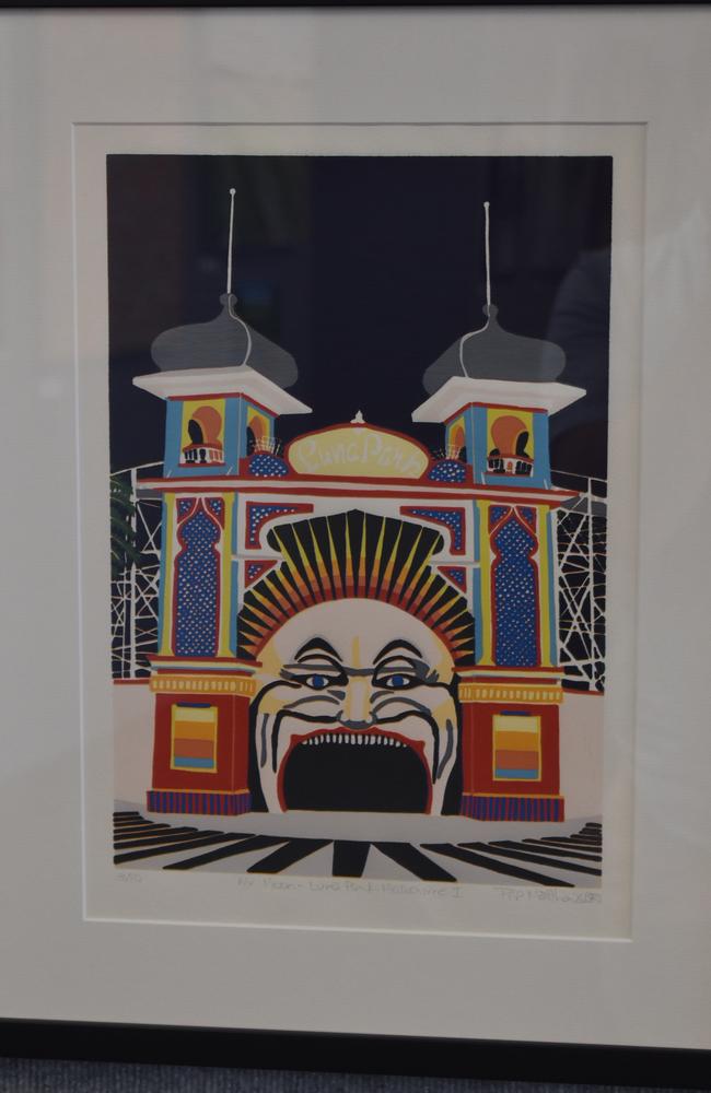 Pip Matthews' art 'Mr Moon – Luna Park Melbourne' that came second for Works on Paper at the Woollam Art on Show awards night, August 6, 2021. Picture: Matthew Forrest