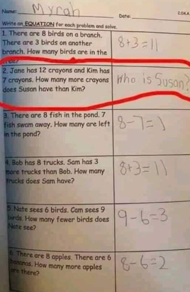 A young girl's brilliant response to a maths question with a glaring error has lit up the internet. Picture: Reddit