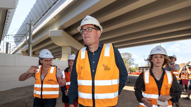 Premier, Daniel Andrews inspects the Level-crossing project at Merinda Park Station in Cranbourne. Picture: David Geraghty