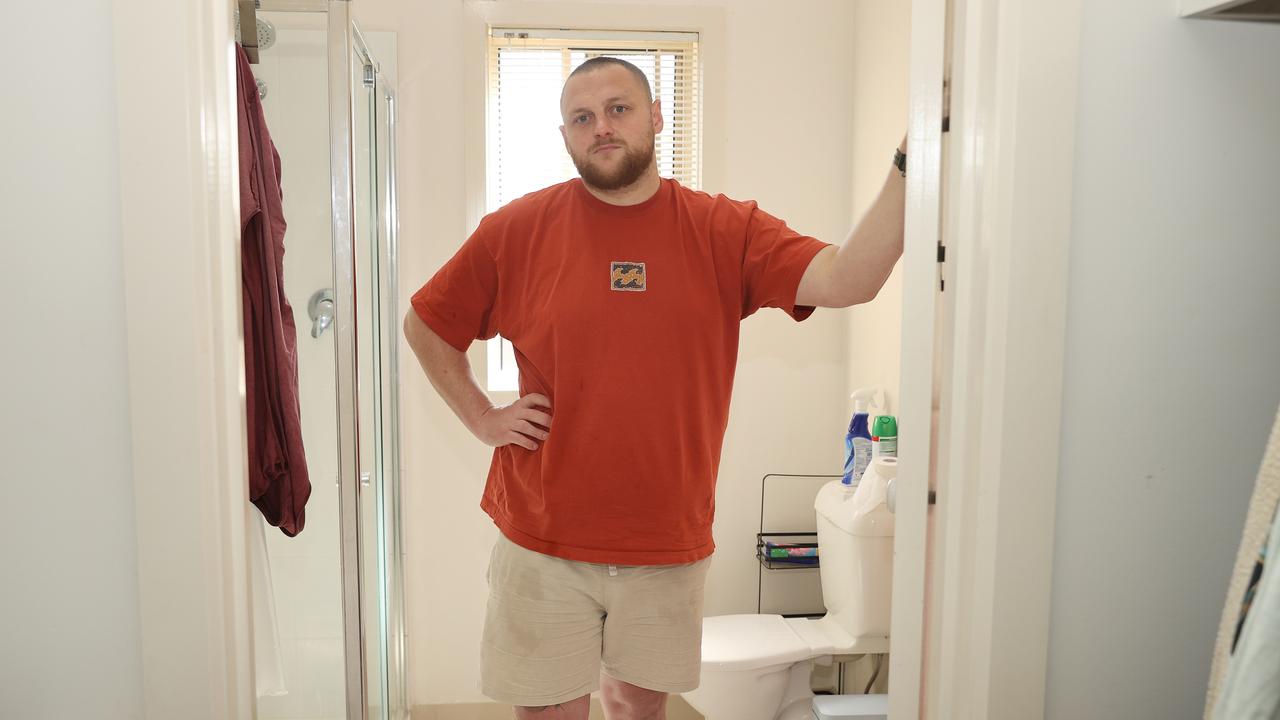 Josh Sawyer in his Leopold bathroom that has been plagued with mould problems. Picture: Alison Wynd