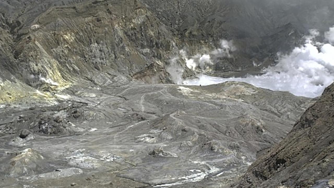 This image was taken at 1.40pm local time, half an hour before White Island erupted. Minutes later, tourists would appear on the winding path. Picture: GeoNet via AP