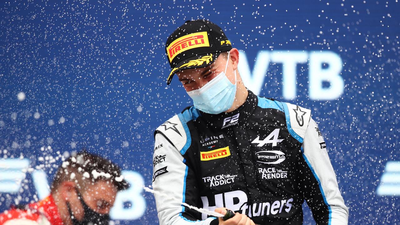 Oscar Piastri celebrates after a Formula 2 win last year. (Photo by Joe Portlock – Formula 1/Formula Motorsport Limited via Getty Images)