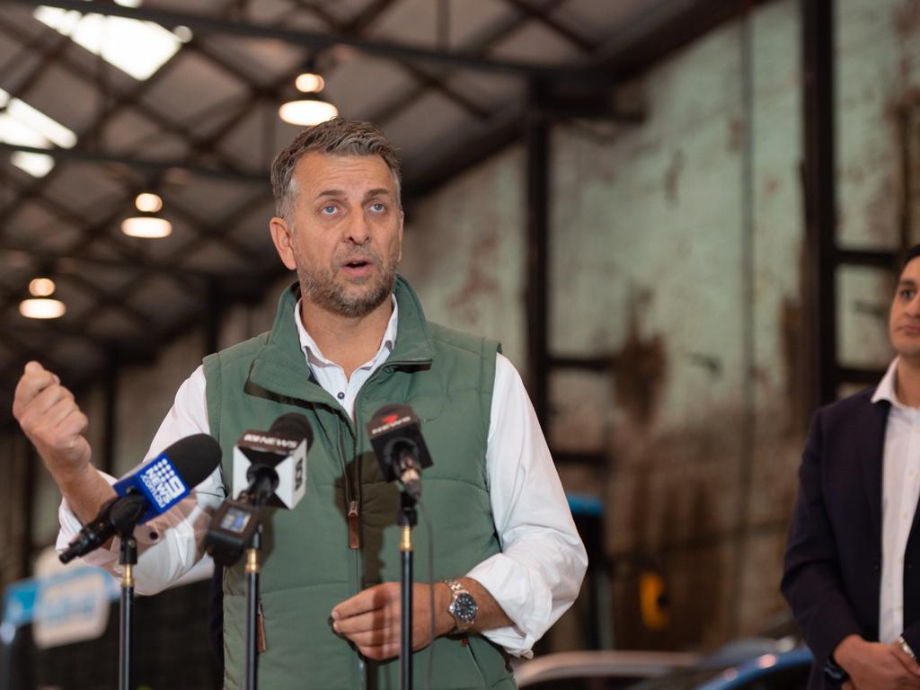 Minister for Transport and Roads Andrew Constance pictured speaking at the press conference for 2021-22 NSW Budget announcements on electric vehicles at Blacksmith’s Workshop at Carriageworks this month. Picture: Monique Harmer