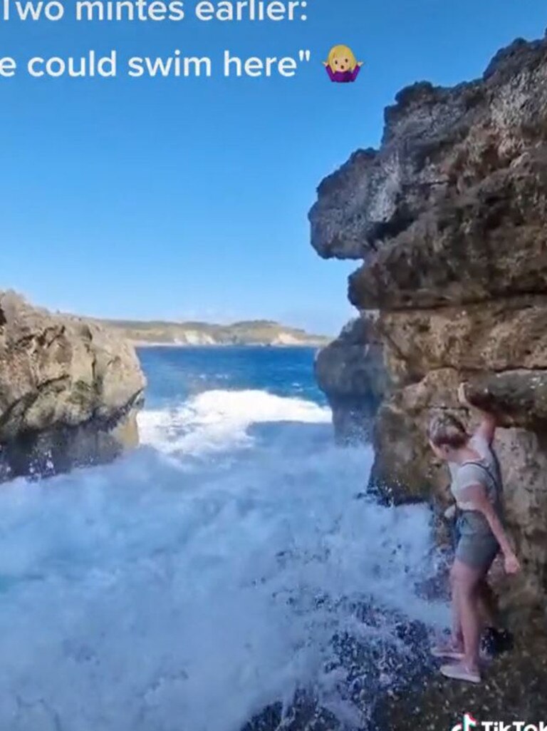 A huge wave then crashes into the poplar natural infinity pool. Picture: TikTok/sofieoja