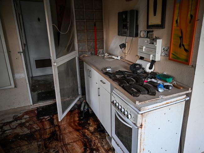 Blood stains on the floor in a home in Be’eri kibbutz. Picture: Alexi J. Rosenfeld/Getty Images