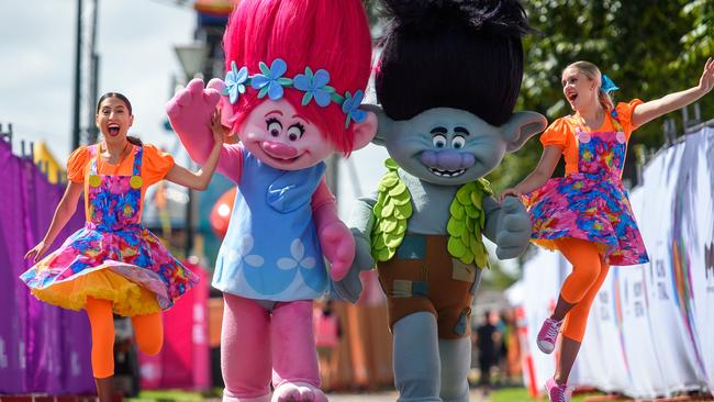 The Trolls, Poppy and Branch, with friends Laura Parra and Sarah Loughlan, rushing to Moomba. Picture: Jay Town