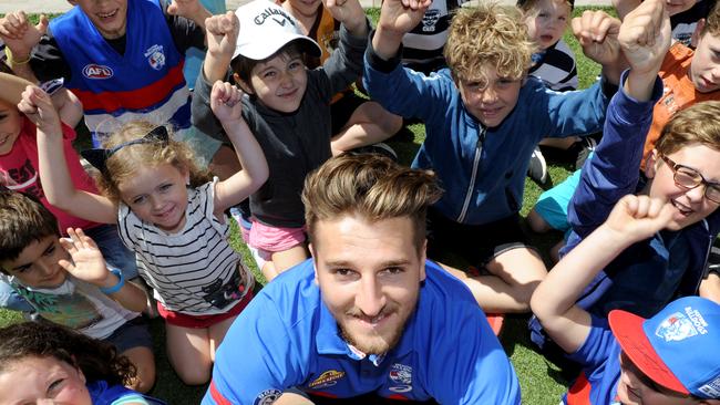 Marcus Bontempelli was mega popular at an Auskick day at Federation Square. Picture: Andrew Henshaw