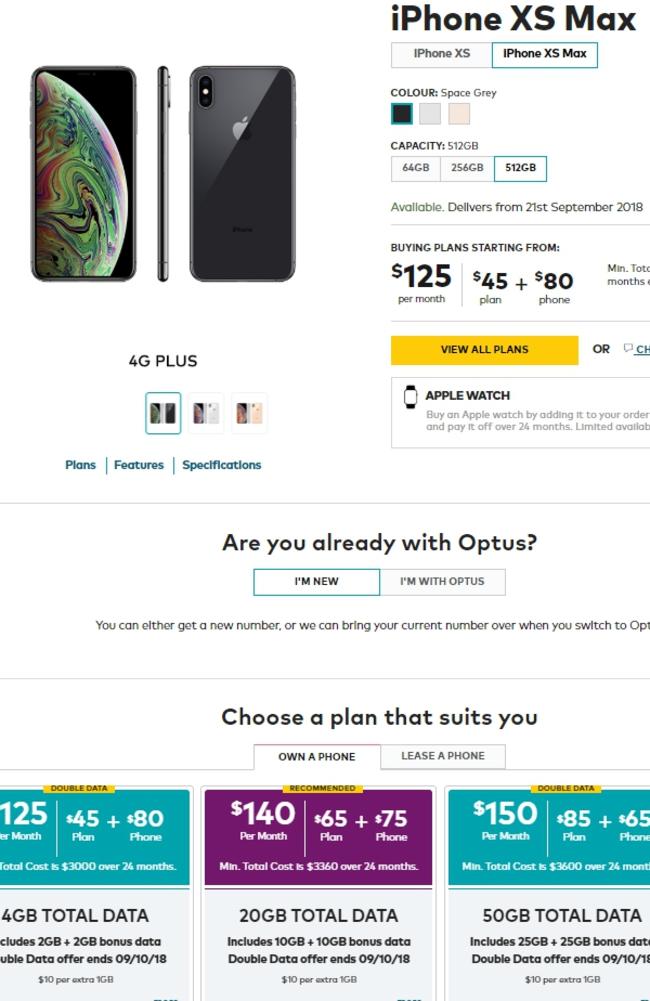 Optus pricing for the new iPhone XS MAX. 512GB with middle of the range plans.