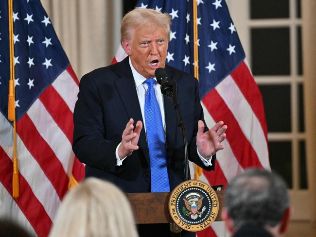 TOPSHOT - US President Donald Trump speaks as he hosts a dinner for US Republican Senators at his Mar-a-Lago resort in Palm Beach, Florida, on Febrary 7, 2025. (Photo by ROBERTO SCHMIDT / AFP)