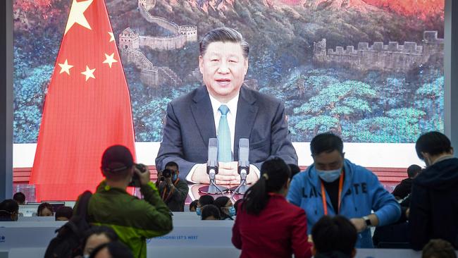 President Xi Jinping delivers a keynote speech via video. Picture: AFP