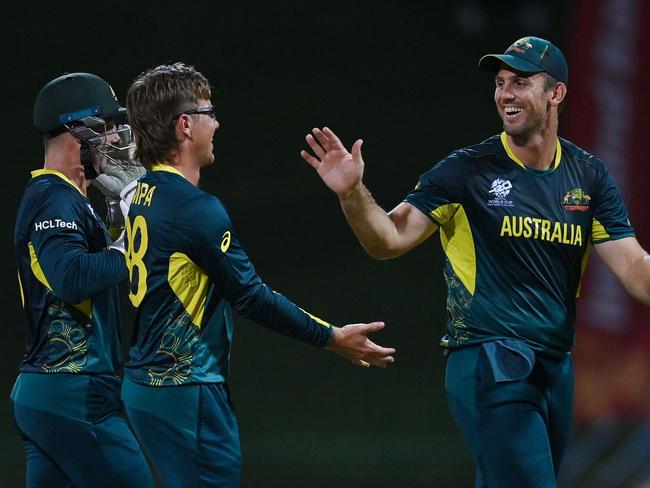 Adam Zampa reached 100 T20 international wickets during Australia’s victory of Namibia. Picture: Gareth Copley/Getty Images