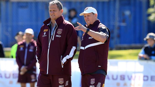 Kevin Walters talks to his brother Steve at Queensland Origin training in 2019. Picture: Adam Head.