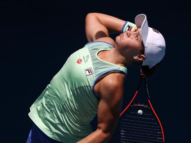 Ash Barty serves during her straight sets win over Petra Kvitova. Picture: Michael Klein