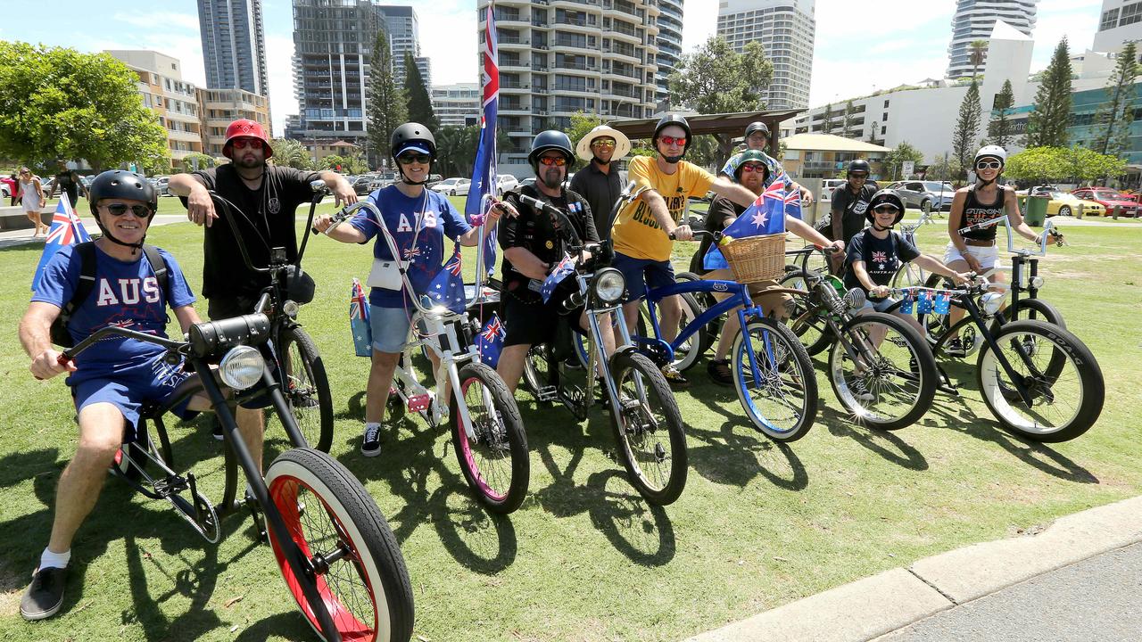 People celebrating Australia Day at Kurrawa Park Broadbeach. Members of the Custom Cruisers taking part in the Chopaderos Australia day Cruise. Pic Mike Batterham