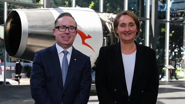 Qantas’ outgoing boss Alan Joyce, with his successor Vanessa Hudson. Picture: Gaye Gerard