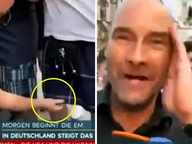 Watch shock moment kilt-wearing Scotland fan’s wardrobe malfunction live on German TV leaves reporter very flustered