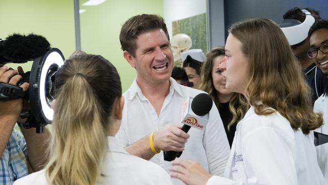 Sunrise weatherman Sam Mac with students at Bond University.  Picture: Cavan Flynn/Bond University.