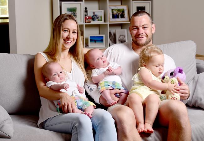 Shaun Fensom and his wife Leah and their twins Cruz (on the right) and Leo, and daughter Elsie.