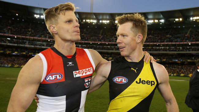 Jack Riewoldt farewells cousin Nick after his last game for St Kilda. Picture: Michael Klein.