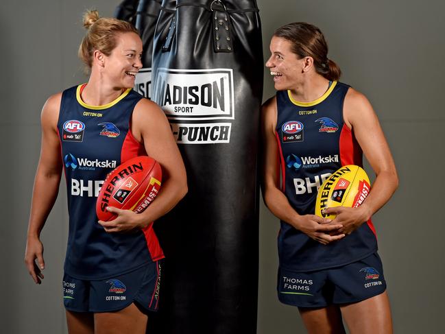 Courtney Cramey and Chelsea Randall chat about the good old days of football. PHOTO: Naomi Jellicoe