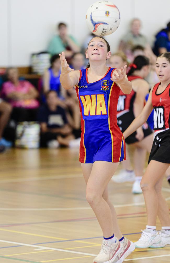 Latoya Challenor of Downlands in the Laura Geitz Cup netball carnival at The Glennie School, Sunday, March 16, 2025. Picture: Kevin Farmer