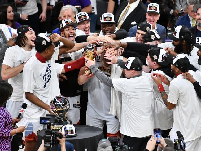 LOS ANGELES, CALIFORNIA - MAY 22: Nikola Jokic #15 of the Denver Nuggets celebrates with teammates after receiving the Most Valuable Player Trophy following game four of the Western Conference Finals against the Los Angeles Lakers at Crypto.com Arena on May 22, 2023 in Los Angeles, California. NOTE TO USER: User expressly acknowledges and agrees that, by downloading and or using this photograph, User is consenting to the terms and conditions of the Getty Images License Agreement. (Photo by Allen Berezovsky/Getty Images)