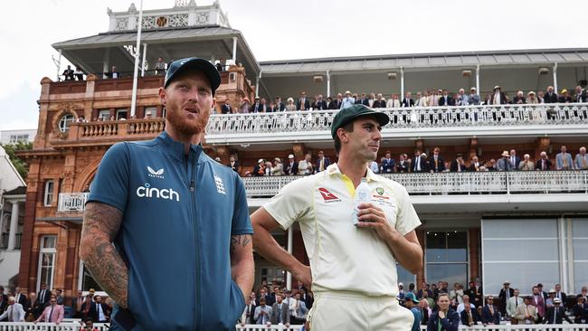 Ben Stokes speaks to Pat Cummins after play. Picture: Getty Images.