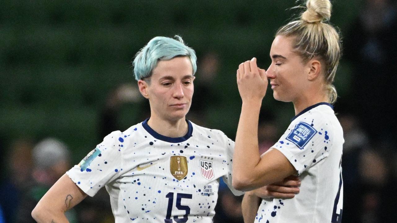 Rapinoe and midfielder Kristie Mewis digest the defeat. Picture: William West/AFP