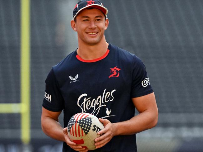 Sydney Roosters fullback Joseph Manu warms up during the captainÃs run at Allegiant Stadium on Friday, March 1, 2024, in Las Vegas. (Photo by David Becker)