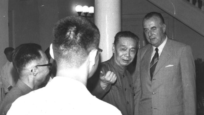 Whitlam with the acting foreign minister Chi Peng-Fei, in Peking.