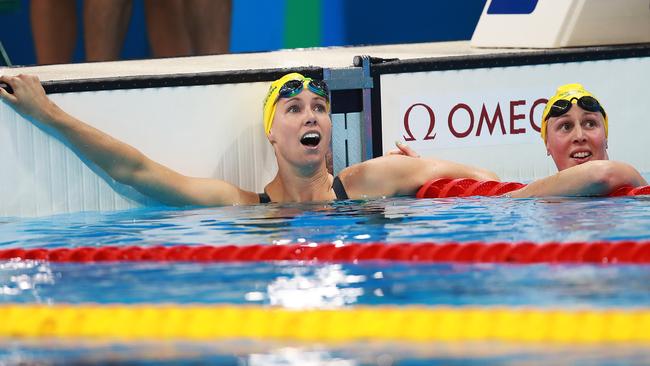 Australia's Emma McKeon wins the bronze medal in the Women's 200m freestyle final on day 4 of the swimming at the Rio 2016 Olympic Games. Bronte Barratt with her. Picture. Phil Hillyard