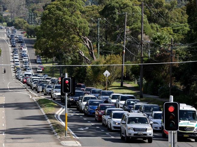 Heavy traffic backed up for kilometres heading north on the Pacific Hwy in Mount Ku-ring-gai. Picture: Damian Shaw