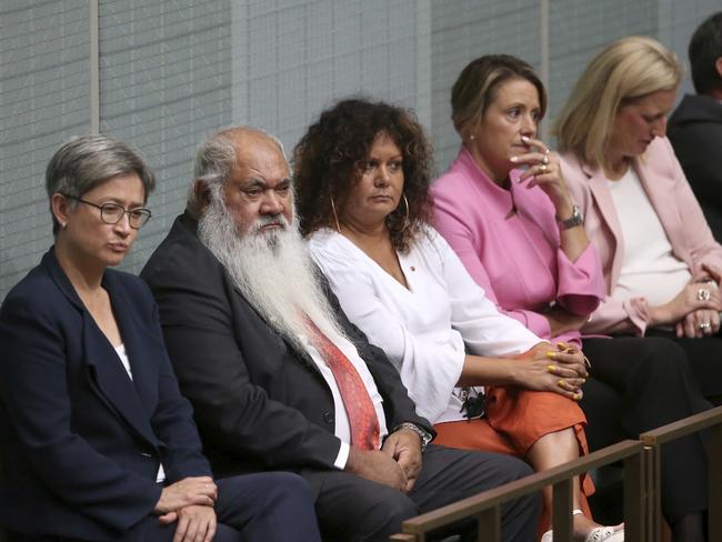 Opposition senators, including indigenous senators Pat Dodson, second left, and Malarndirri McCarthy, third left, listen to Prime Minister Scott Morrison give a speech on indigenous disadvantage. Picture: Rod McGuirk/AP