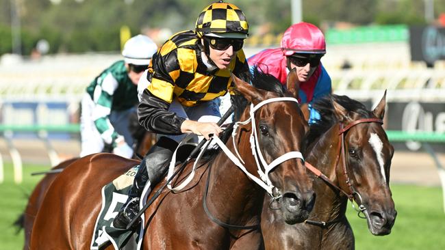 MELBOURNE, AUSTRALIA - MARCH 08: Damian Lane riding Joliestar winning Race 9, the Yulong Newmarket Handicap during Melbourne Racing at Flemington Racecourse on March 08, 2025 in Melbourne, Australia. (Photo by Vince Caligiuri/Getty Images)