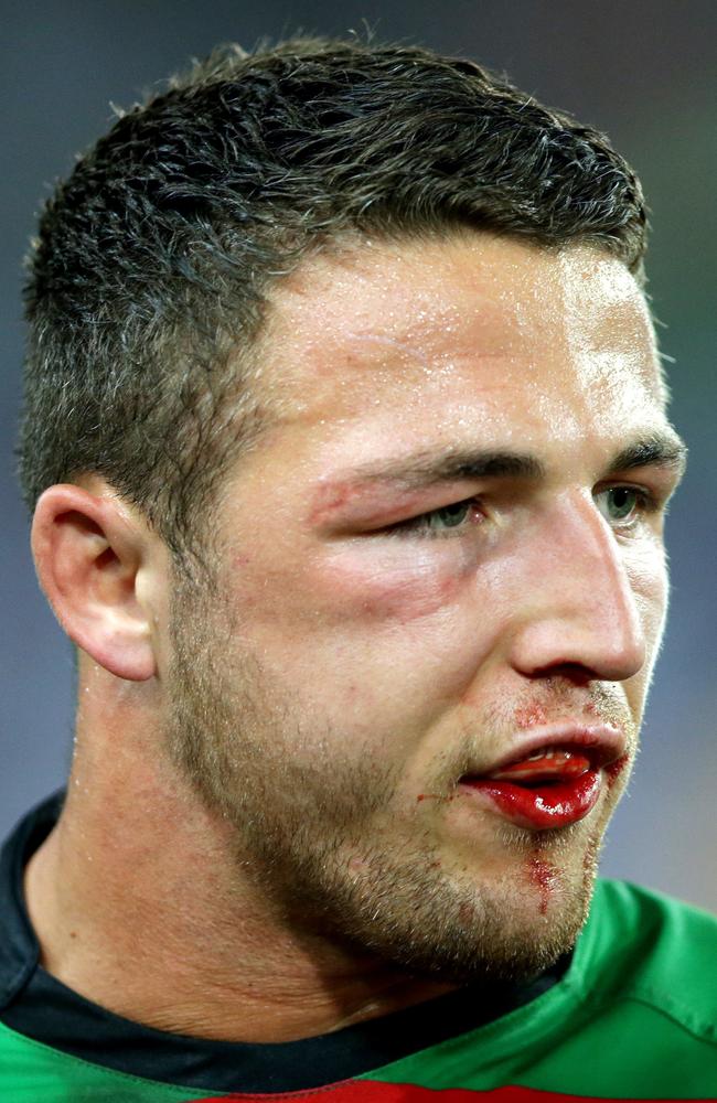 South Sydney's Sam Burgess at half time during the 2014 NRL Grand Final.