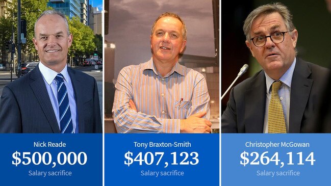 Public service CEOs are salary sacrificing up to $500,000 a year into their super to minimise income tax. Editor’s note: An earlier version of this artwork briefly displayed an incorrect image of Chief Psychiatrist John Brayley instead of SA Health CEO Christopher McGowan. The Advertiser apologises to Dr Brayley and Dr McGowan for the error.