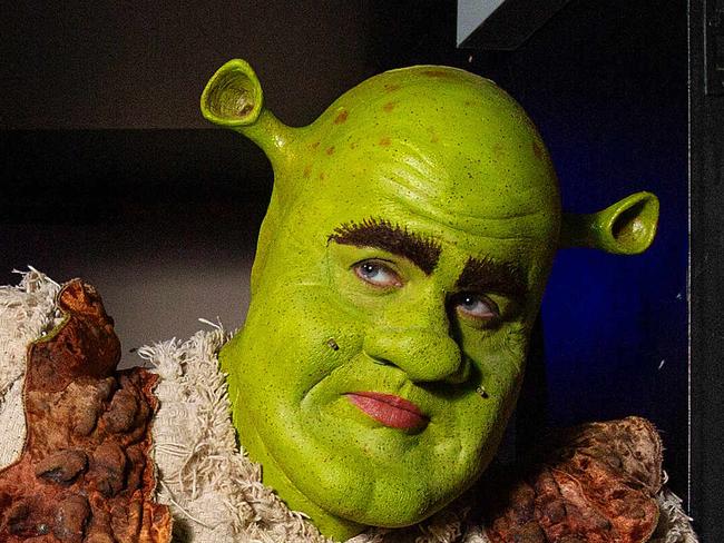 Behind the scenes of Shrek in Melbourne at Her Majesty's Theatre and the process of `going green' for actor Ben Mingay. The transformation complete, Shrek appears. Picture: Mark Stewart