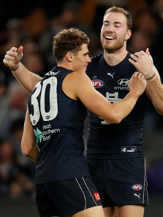 Charlie Curnow and Harry McKay are set to cause the Cats plenty of headaches on Thursday night. Picture: Michael Willson/AFL Photos via Getty Images.