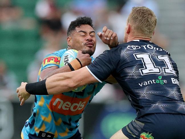 Greg Leleisiuao in action for the Titans at the NRL Nines. Picture: AAP Image/Richard Wainwright