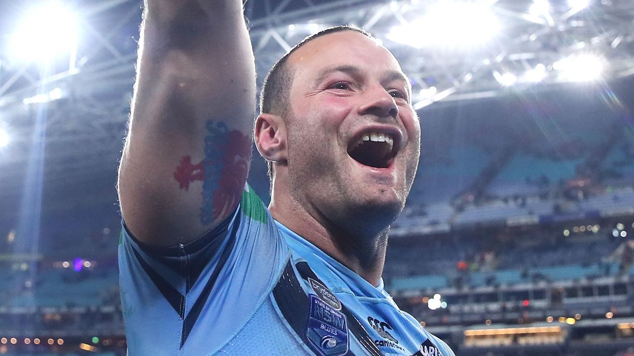 Boyd Cordner of the Blues celebrates victory after game two of the State of Origin series. (Photo by Mark Kolbe/Getty Images)