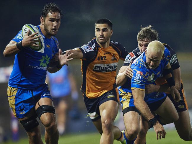 Tevin Ferris of Western Force is tackled during the round 4 Super Rugby AU match between the Western Force and the Brumbies at Leichhardt Oval. Picture: Getty Images