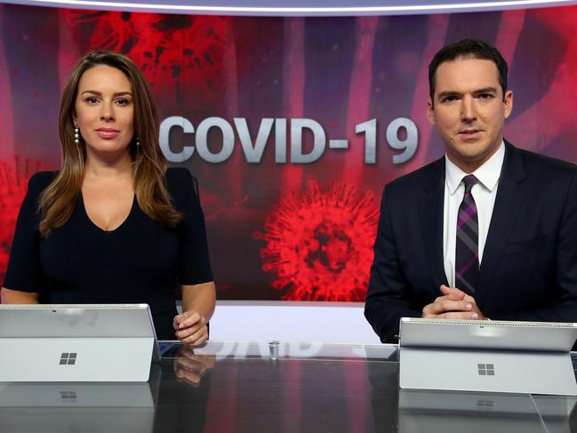 Sky News presenters Laura Jayes and Peter Stefanovic, pictured on the set of Sky’s new dedicated COVID-19 news channel. Picture: Toby Zerna