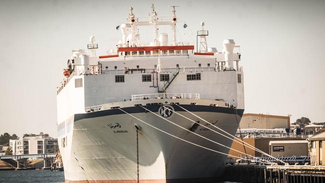 The livestock carrier Awassi Express is seen moored at Fremantle Port. Picture: AAP