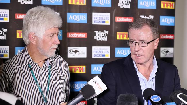 Titans boardmember Darryl Kelly and club chief executive Graham Annesley announce Neil Henry’s sacking. Picture: Richard Gosling